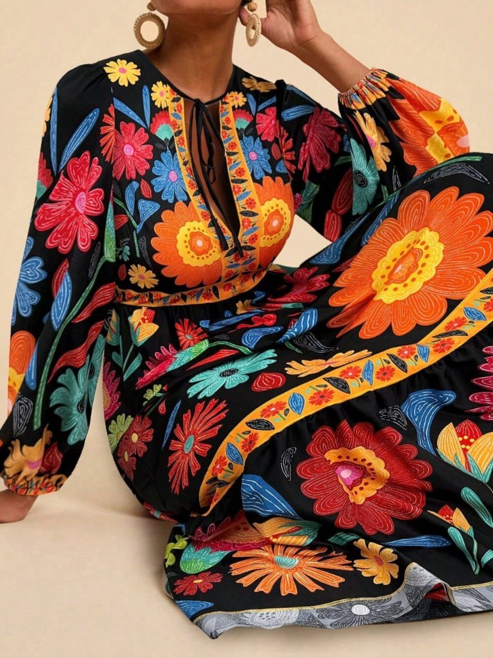 Black Boho Women's Floral Tie-Up Long Sleeve Dress - Picture 4 of 6